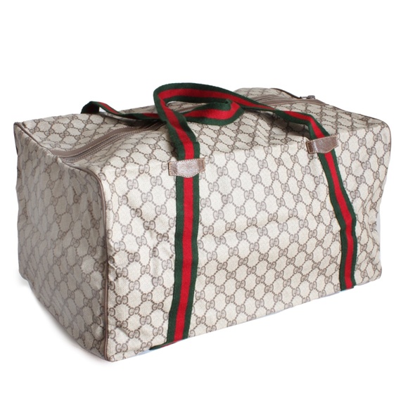 Gucci Duffle Bag GG Logo Canvas Brown Leather Trim Folding Travel Carry On 80s - Picture 1 of 15